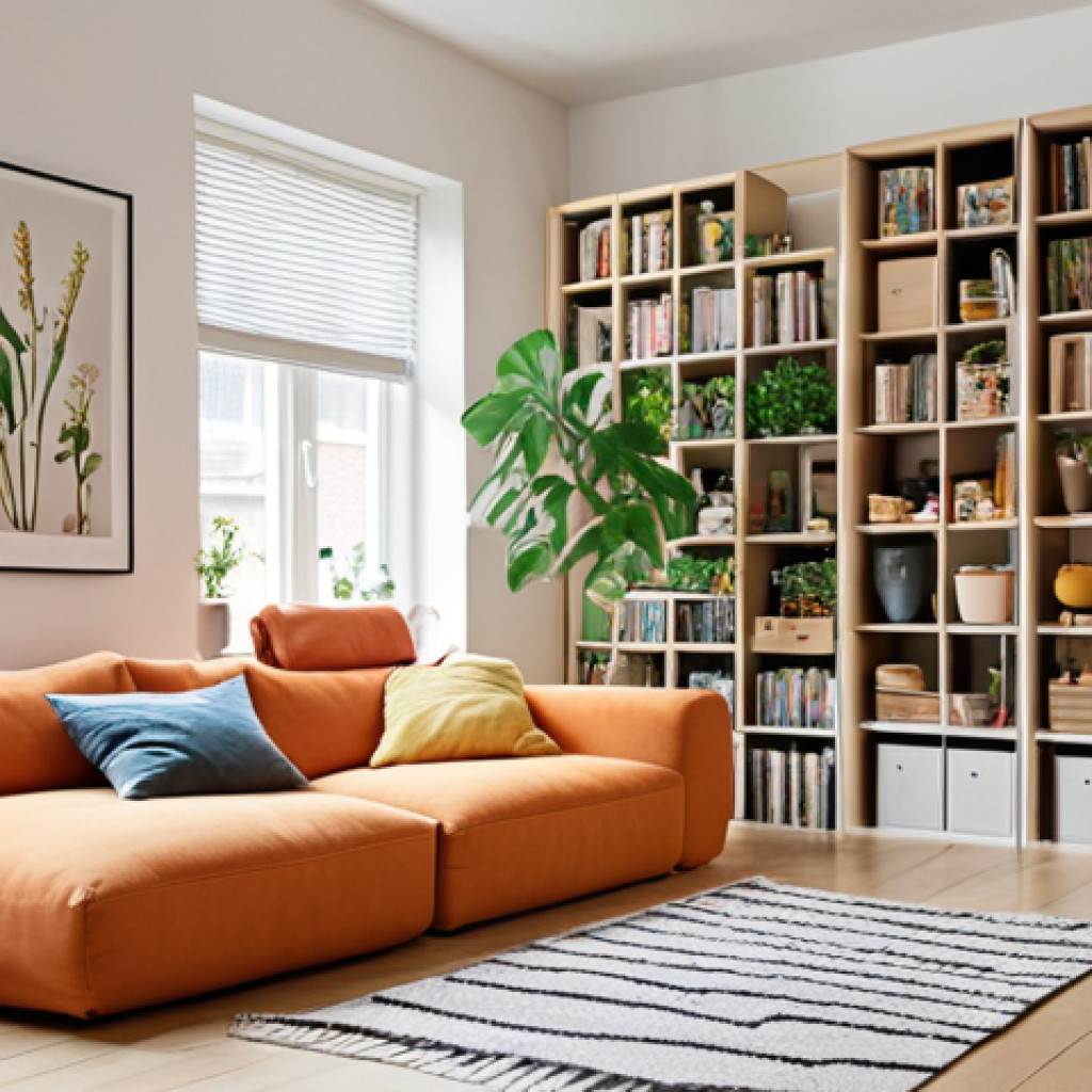 **Prompt:** A bright, airy Dutch living room with a modular sofa arranged for a movie night. Shelves display curated items and plants. The focus is on multi-functional furniture and smart lighting. Warm, inviting atmosphere.