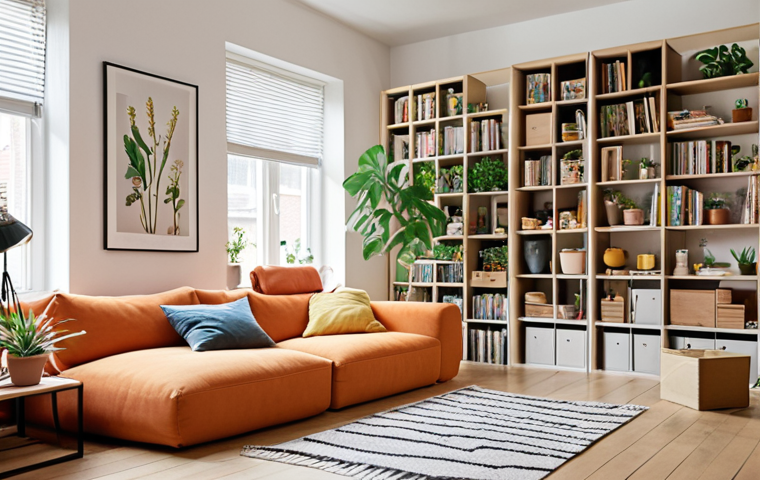 **Prompt:** A bright, airy Dutch living room with a modular sofa arranged for a movie night. Shelves display curated items and plants. The focus is on multi-functional furniture and smart lighting. Warm, inviting atmosphere.