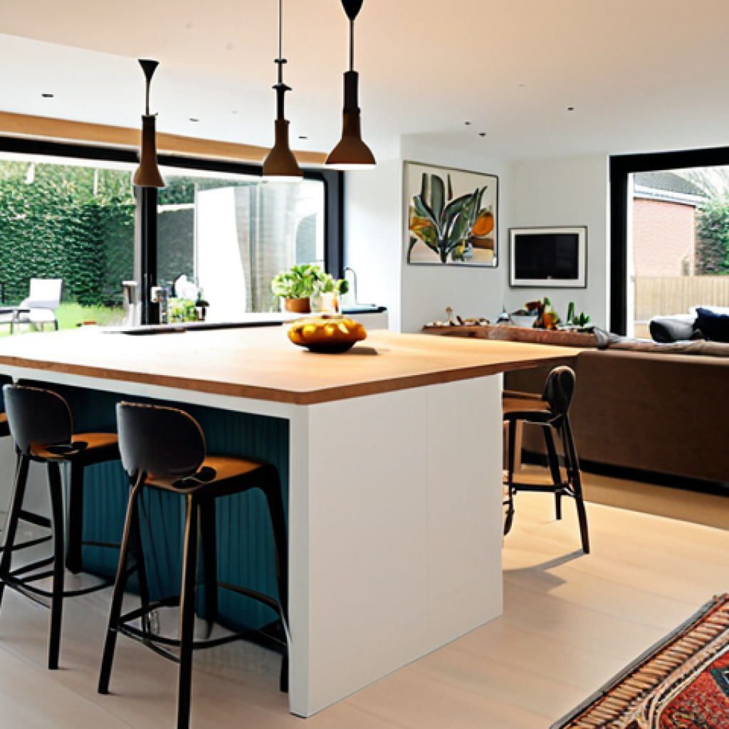 A bright and airy open plan living space in a modern Dutch home. Large windows maximize natural light. A stylish kookeiland (kitchen island) acts as a focal point, with friends casually chatting while someone prepares food. A large, wool rug defines the zithoek (living area) and helps with acoustics.  Subtle room dividers, like a large plant or open shelving, separate the spaces without closing them off. The overall aesthetic is clean, modern, and gezellig (cozy).