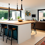 A bright and airy open plan living space in a modern Dutch home. Large windows maximize natural light. A stylish kookeiland (kitchen island) acts as a focal point, with friends casually chatting while someone prepares food. A large, wool rug defines the zithoek (living area) and helps with acoustics.  Subtle room dividers, like a large plant or open shelving, separate the spaces without closing them off. The overall aesthetic is clean, modern, and gezellig (cozy).
