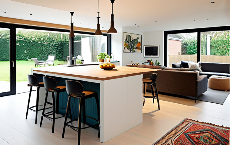 A bright and airy open plan living space in a modern Dutch home. Large windows maximize natural light. A stylish kookeiland (kitchen island) acts as a focal point, with friends casually chatting while someone prepares food. A large, wool rug defines the zithoek (living area) and helps with acoustics. Subtle room dividers, like a large plant or open shelving, separate the spaces without closing them off. The overall aesthetic is clean, modern, and gezellig (cozy).
