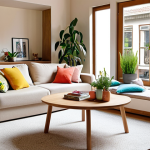 **A bright and airy living room interior showcasing multifunctional furniture: A stylish sofa bed in a neutral color serves as a comfortable seating area, a coffee table with hidden storage overflowing with magazines, and an extendable dining table set for a small dinner party. Natural light floods the room, complemented by strategically placed mirrors and indoor plants. Accessories like colorful cushions and vintage vases add a personal touch. Dutch interior design, cozy and inviting.**