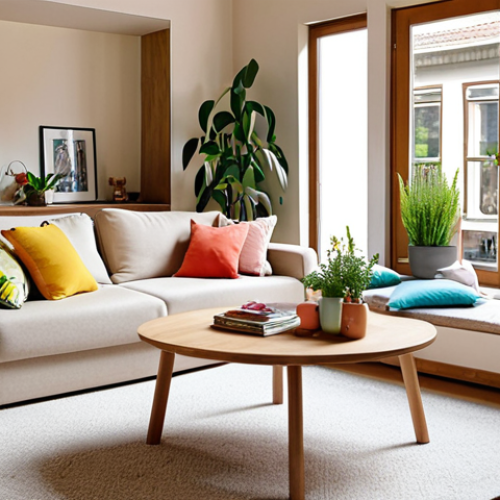 **A bright and airy living room interior showcasing multifunctional furniture: A stylish sofa bed in a neutral color serves as a comfortable seating area, a coffee table with hidden storage overflowing with magazines, and an extendable dining table set for a small dinner party. Natural light floods the room, complemented by strategically placed mirrors and indoor plants. Accessories like colorful cushions and vintage vases add a personal touch. Dutch interior design, cozy and inviting.**