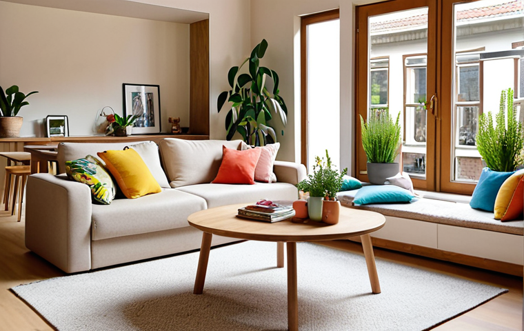 **A bright and airy living room interior showcasing multifunctional furniture: A stylish sofa bed in a neutral color serves as a comfortable seating area, a coffee table with hidden storage overflowing with magazines, and an extendable dining table set for a small dinner party. Natural light floods the room, complemented by strategically placed mirrors and indoor plants. Accessories like colorful cushions and vintage vases add a personal touch. Dutch interior design, cozy and inviting.**