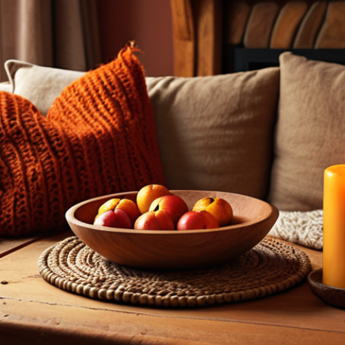 **A cozy living room decorated for autumn:** Warm lighting, earthy tones (red, orange, brown, yellow), natural materials like wool and wood, a wooden bowl with autumn fruits, candles, and a woven basket.