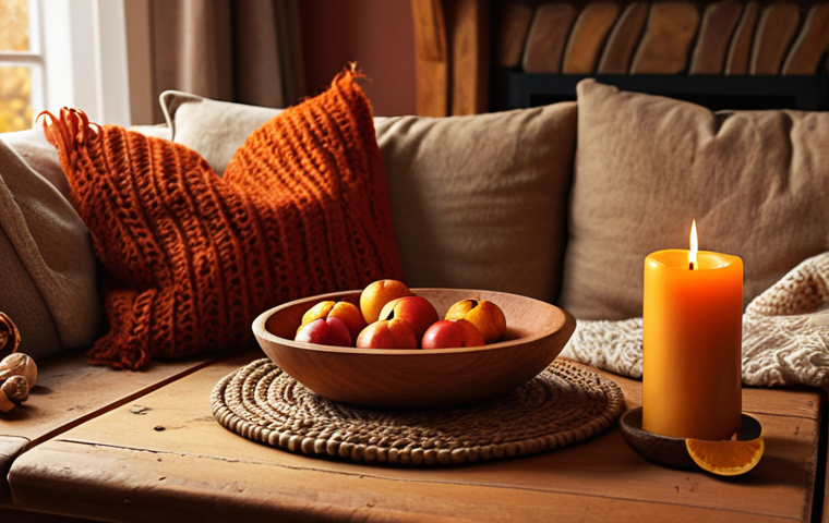 **A cozy living room decorated for autumn:** Warm lighting, earthy tones (red, orange, brown, yellow), natural materials like wool and wood, a wooden bowl with autumn fruits, candles, and a woven basket.